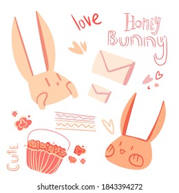 Couple of cute rabbits for Valentine's Day, vector. Bunnies with love messages and flowers. Two hares send romantic letters with the word Honey Bunny. Cartoon character for holiday stickers, prints.