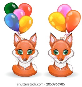 Couple of cute red foxes with a fluffy tail with balls, greeting card, children's theme.