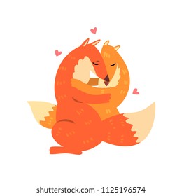 Couple of cute red foxes in love embracing each other, two happy  aniimals hugging with hearts over their head vector Illustration on a white background