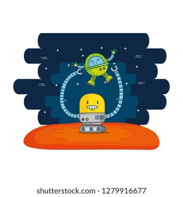 couple of cute robots with universe background