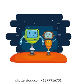 couple of cute robots with universe background