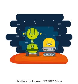 couple of cute robots with universe background