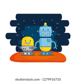 couple of cute robots with universe background