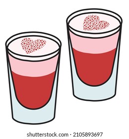 A couple of cute romantic Valentines day pink red shot shooter cocktails decorated with heart shaped sprinkling. Doodle cartoon illustration isolated on white. For greeting cards, specific bar menu