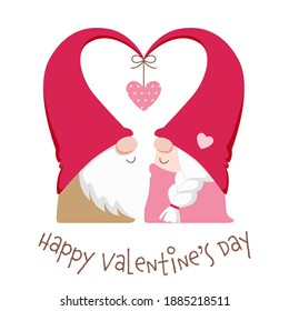 Ein paar süße skandinavische Gnome verliebt. Cute gnomes Illustration für den Valentinstag. Vektorgrafik einzeln auf weißem Hintergrund.