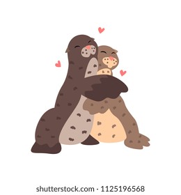 Couple of cute seals in love embracing each other, two happy  aniimals hugging with hearts over their head vector Illustration on a white background