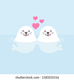 Couple of cute seals in love. Vector illustration of lovers animals