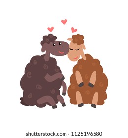 Couple of cute sheep in love embracing each other, two happy  aniimals hugging with hearts over their head vector Illustration on a white background