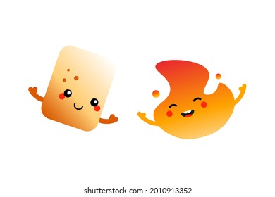 Couple of cute and smiling cartoon characters. Toasted marshmallow and burning fire, flame characters icons.
