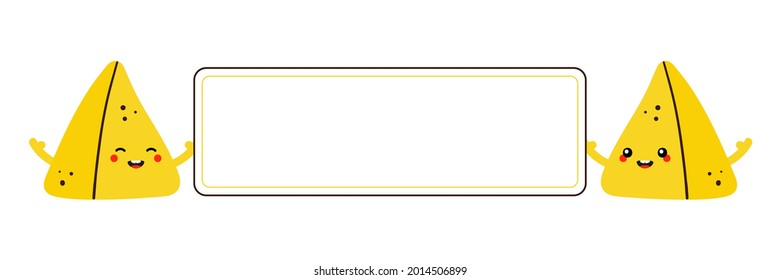 Couple of cute smiling cartoon samosa, indian baked savory pastry character holding in hands blank card, banner for food design.