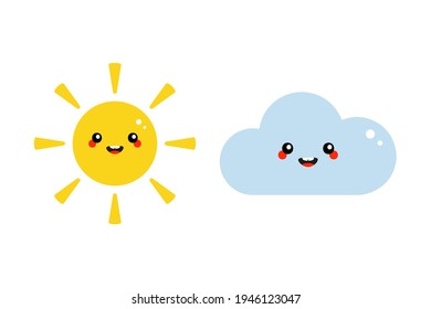 Couple of cute smiling cartoon style sun and cloud characters for weather, seasonal design.