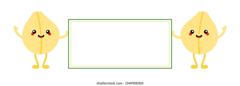 Couple of cute and smiling cartoon style chickpeas, chick pea seed character holding blank card, banner.