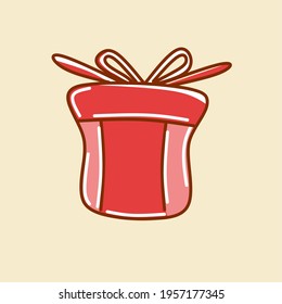 Couple of cute smiling cartoon style gift boxes, presents characters for Christmas design. Closed gift box and open gift box with colorful confetti and stars.