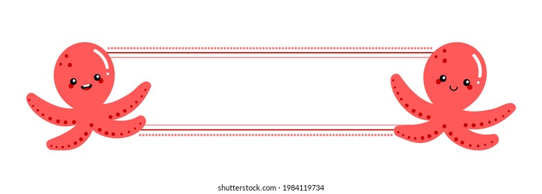 Couple of cute smiling cartoon style red baby octopus characters in front of blank empty card, background for sea life design.