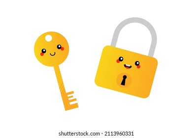 Couple of cute smiling cartoon style golden key and lock characters.
