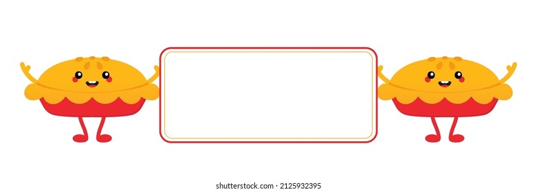 Couple of cute smiling cartoon style sweet apple pie characters holding blank card, banner.