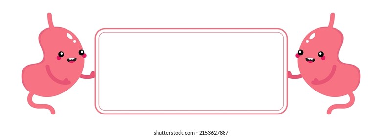 Couple of cute smiling cartoon style stomach characters holding blank card, banner in hands.
