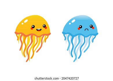 Couple of cute smiling and sad colorful cartoon style jellyfish characters for sea life, sea animals design.