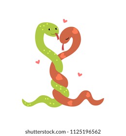 Couple of cute snakes in love embracing each other, two happy  aniimals hugging with hearts over their head vector Illustration on a white background