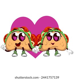 couple of cute taco mascot characters emoticon falling in love with each other, couple of cute taco mascot characters