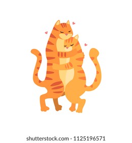 Couple of cute tigers in love embracing each other, two happy  aniimals hugging with hearts over their head vector Illustration on a white background