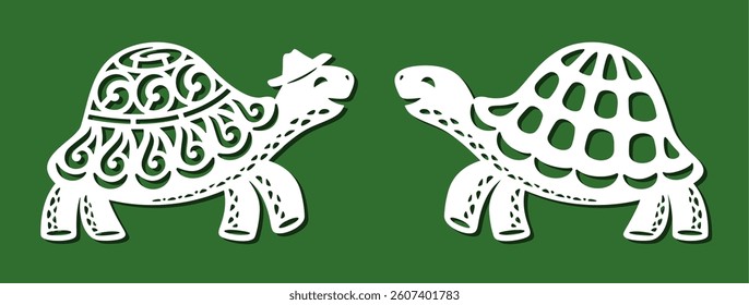 Couple of cute turtles. Two smiling animals with decorative shells look at each other. Template for plotter laser cutting of paper, fretwork, wood carving, metal engraving, cnc. Vector illustration.