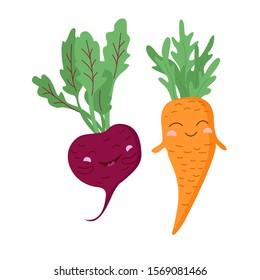 The Couple of the cute vegetables: carrot and beetroot.. Happy smiling vegetables. Healthly food, root-crops. Kawaii vector characters isolated on white background, 