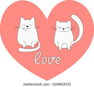 couple cute white cats character fall in love romantic postcard for saint valentine's day