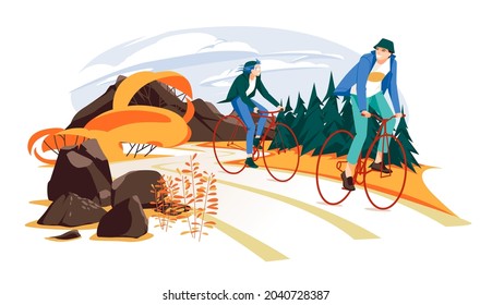 A couple is cycling along a rural road. Autumn. The guy and the girl spend their free time actively riding bicycles. Cartoon flat vector illustration. Coniferous forest and mountains. 