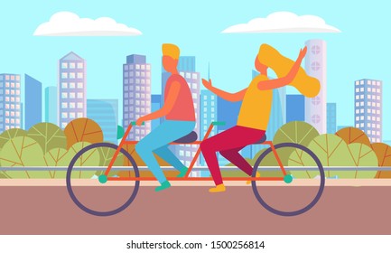 Couple cycling in city, girlfriend and boyfriend driving near buildings. People on bicycle outdoor, man and woman activity, lovers biking on street. Vector illustration in flat cartoon style