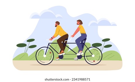 Pareja de ciclismo de vacaciones. Joven pareja en el ocio al aire libre, estilo de vida activo. Viajando con vehículos ecológicos. Hombre y mujer en la naturaleza. Dibujo vectorial plano de dibujos animados