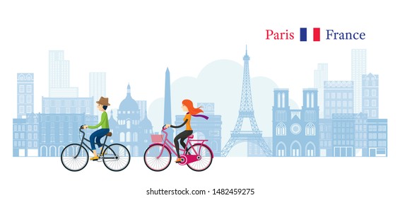 Couple Cycling with Paris France Skyline Background Landmarks, Travel and Tourist Attraction