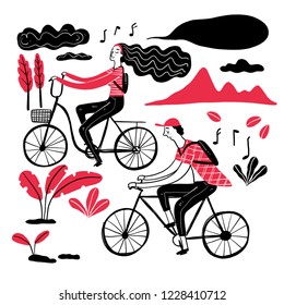 Couple cycling in the park, Collection of hand drawn. Vector illustration in sketch doodle style.