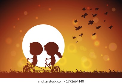 Couple cycling under shadow illustration