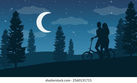 A Couple Cycling While Enjoying the Beauty of the Night - Beautiful 2D Landscape Silhouette Wallpaper