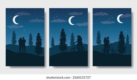 A Couple Cycling While Enjoying the Beauty of the Night - Silhouette Design Set, Beautiful 2D Landscape Silhouette Wallpaper Set