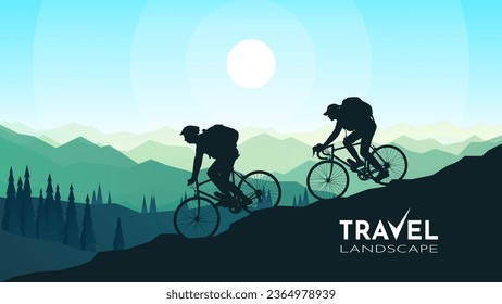 A couple of cyclists go down a mountain road against the background of forests. Downhill. Mountain bike. Travel concept of discovering. Cycling. Adventure tourism. Minimalist vector illustration.