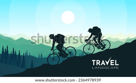 A couple of cyclists go down a mountain road against the background of forests. Downhill. Mountain bike. Travel concept of discovering. Cycling. Adventure tourism. Minimalist vector illustration.