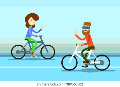 Couple Cyclists Man Woman Racing Ride Towards Bicycle Wave Hand Greeting Flat Vector Illustration