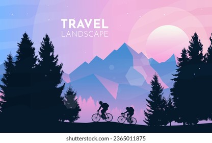 A couple of cyclists in the mountains. Mountain bike. Travel concept of discovering, exploring. Cycling. Adventure tourism. Flat design for coupon, voucher, gift card. Minimalist vector illustration