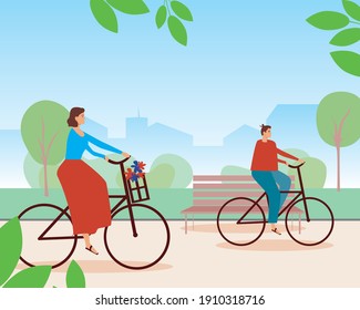 Couple of cyclists in the park. Flat vector stock illustration. Man and woman on bicycles. The park as a resting place for cyclists. Ride bike concept, cycling activity. Vector illustration