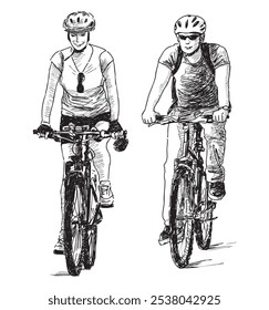 Casal ciclistas andando de bicicleta, esportes ativos jovens, vista frontal, esboços, desenho de mão vetor isolado no branco