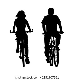 Couple cyclists silhouette isolated on white background. People ride bicycles. Two cyclist riding bicycle front view. Biker family outdoor in bike driving. Urban leisure activities.Vector illustration