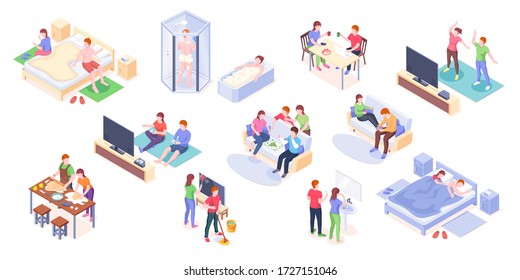 Couple daily life isometric vector design, man and woman home routine and everyday leisure activity. Couple daily life taking shower and bath, playing games with friends, cooking and eating breakfast