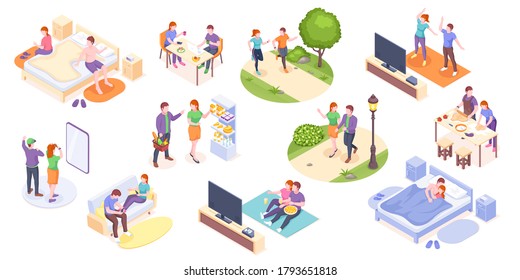 Couple daily life, man and woman together, vector isometric home routine and everyday leisure activity. Couple daily life breakfast eating, watching TV and jogging sport in park, cooking and shopping