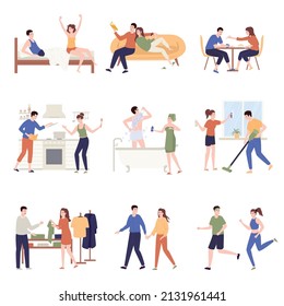 Couple daily life set with routine symbols flat isolated vector illustration