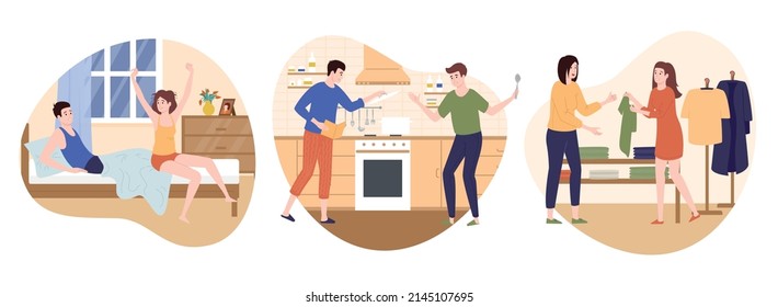 Couple daily life set with routine and relations symbols flat isolated vector illustration