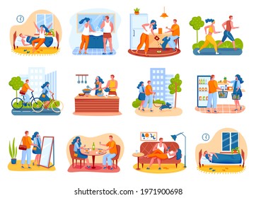 Couple daily routine. Cooking together, jogging, going on date, romantic dinner. Everyday life of man and women in relationship vector set. Characters walking with dog and shopping in grocery store