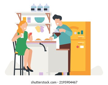 Couple daily routine. Everyday activity. Guy and girl living together. Home kitchen. Man and women take breakfast. Family lifestyle. People eat meal or drink coffee