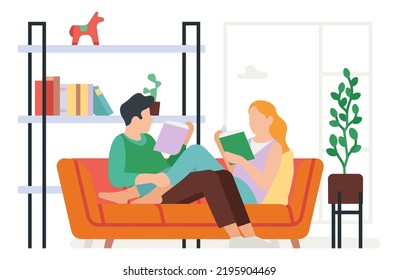 Couple daily routine. Everyday activity. Happy guy and girl living together. People sitting on sofa. Man and woman reading books. Relaxing on couch. Home leisure